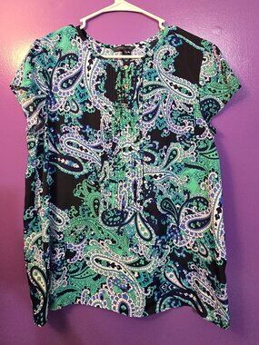 Tommy Hilfiger Paisley Pintuck Pleated Cap Sleeve Blouse Green Blue